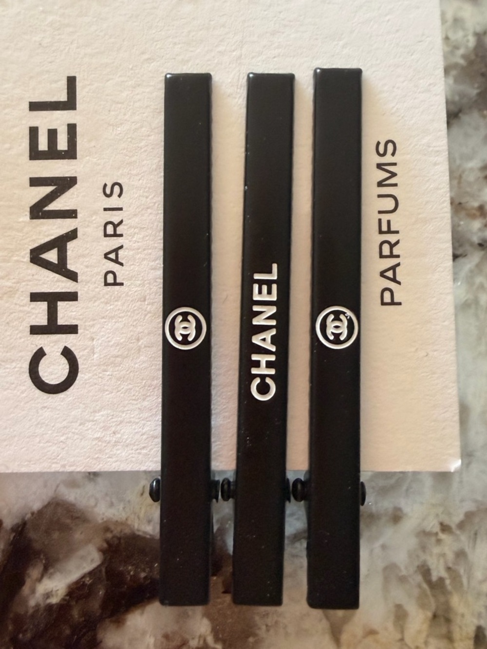 CHANEL Black & White Logo Hair Clips - Set of 3
